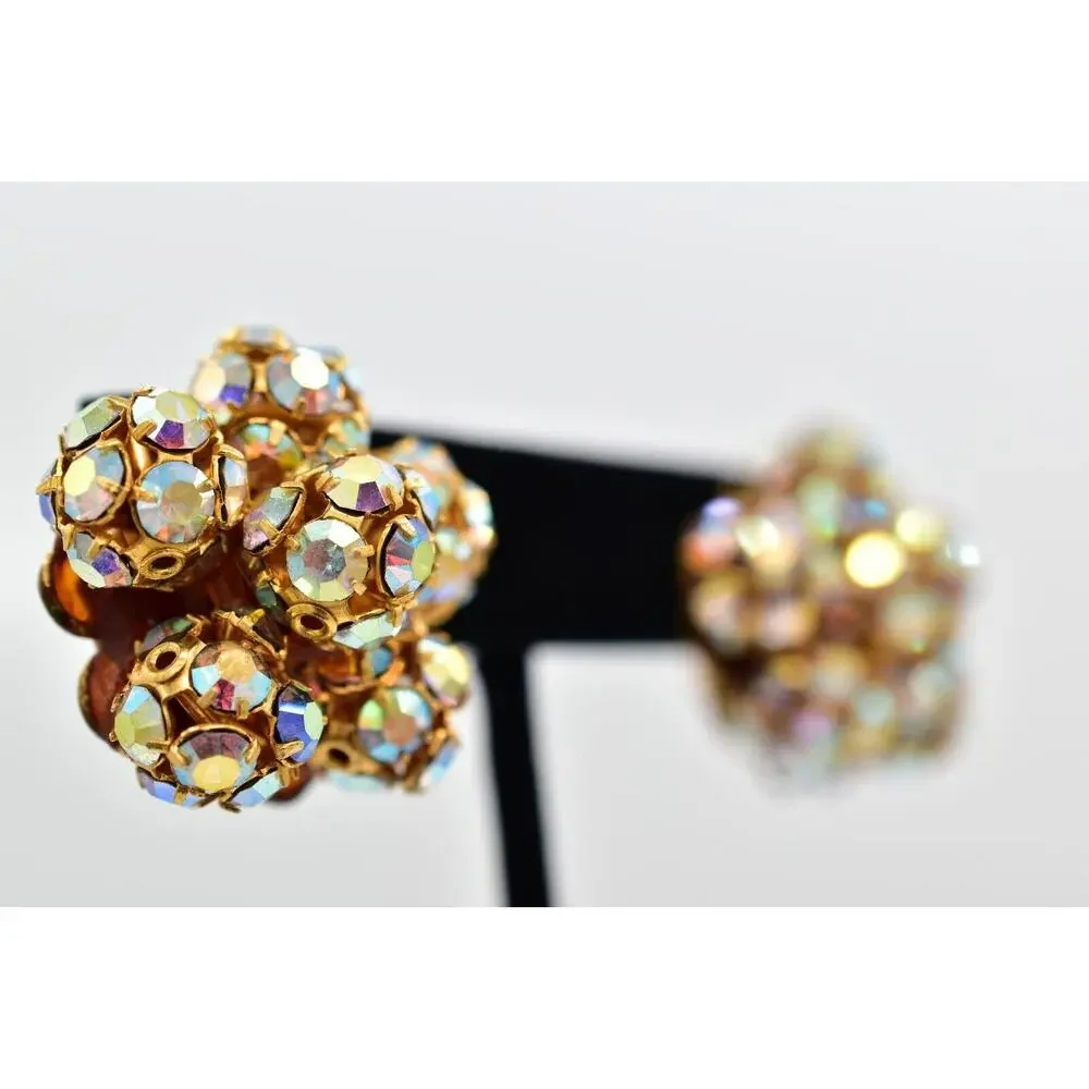Vintage Crystal Clip On Earrings Aurora Borealis Prong Ball Flower 1950s BinBK